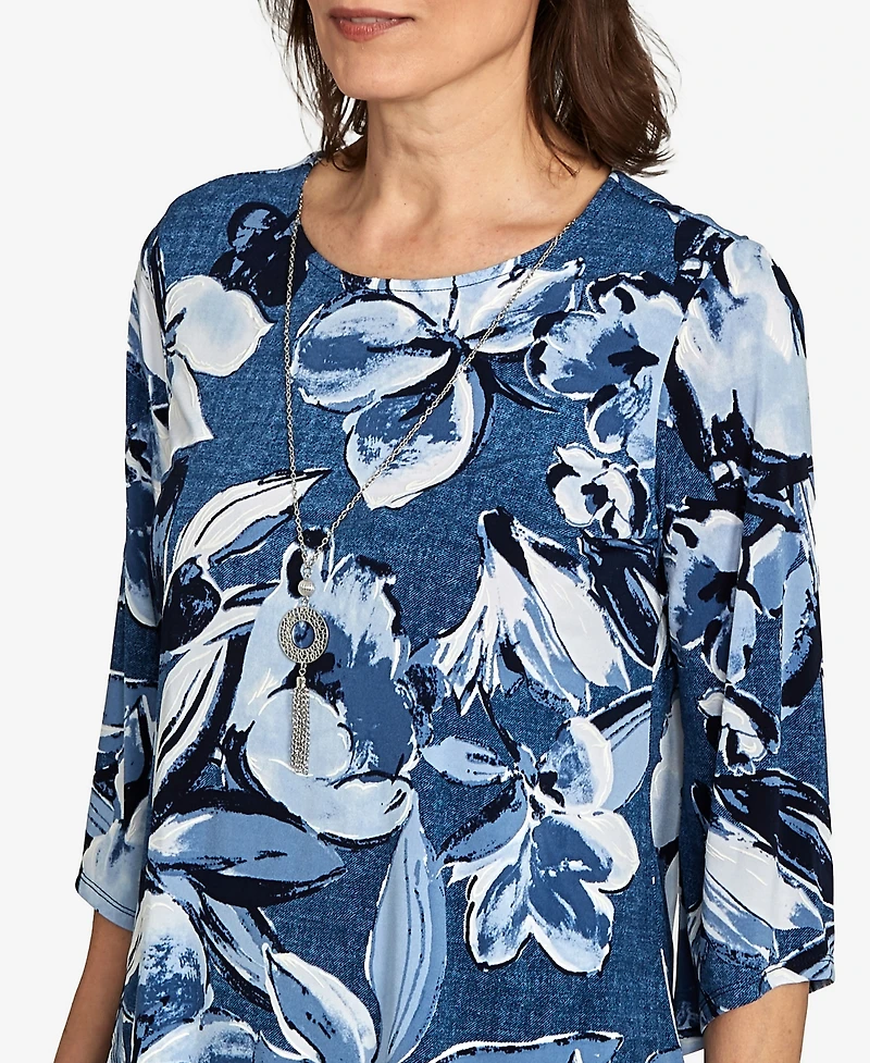 Alfred Dunner Women's Classic Puff Print Denim Floral Top