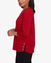Alfred Dunner Women's Classic Melange Side Button Crew Neck Top with Necklace