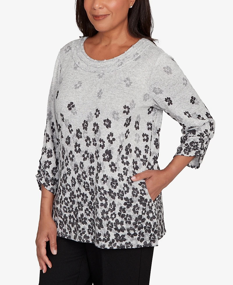 Alfred Dunner Women's Classic Floral Border Gathered Sleeve Top