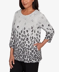 Alfred Dunner Women's Classic Floral Border Gathered Sleeve Top