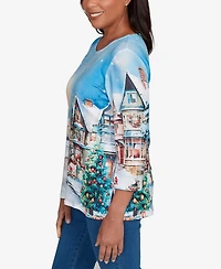 Alfred Dunner Women's Classic Embellished Snow Cabin Village Scene Crew Neck Top