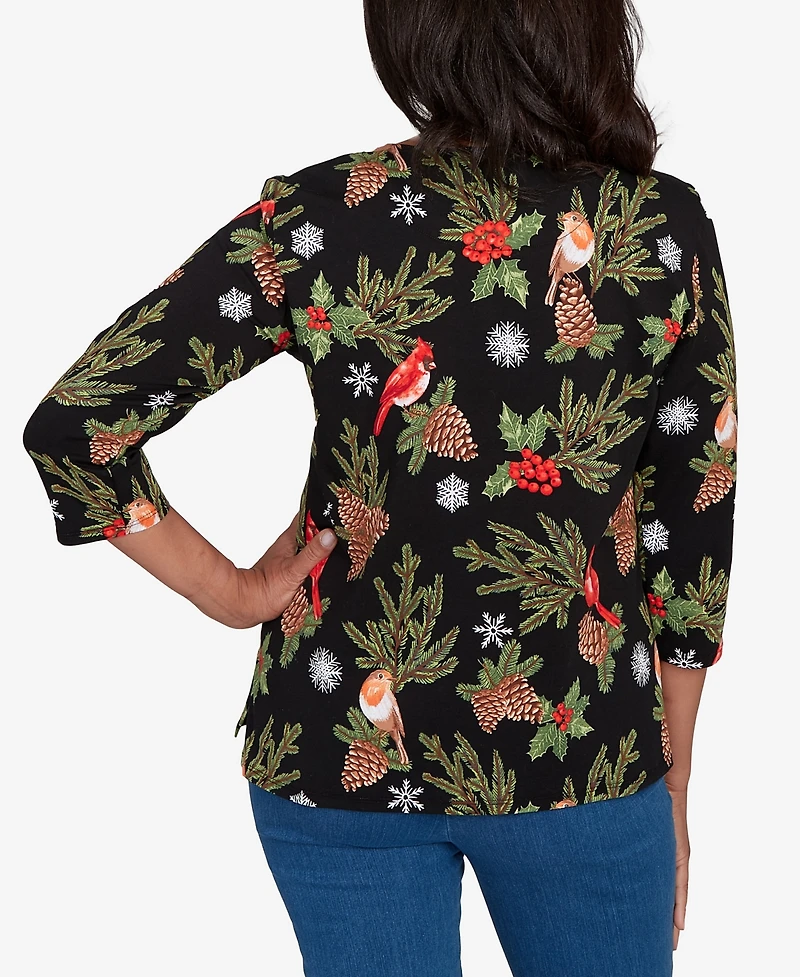 Alfred Dunner Women's Classic Cardinals and Pinecones Embellished Top