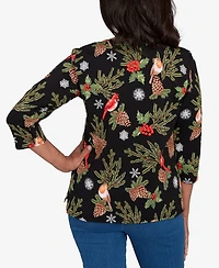 Alfred Dunner Women's Classic Cardinals and Pinecones Embellished Top