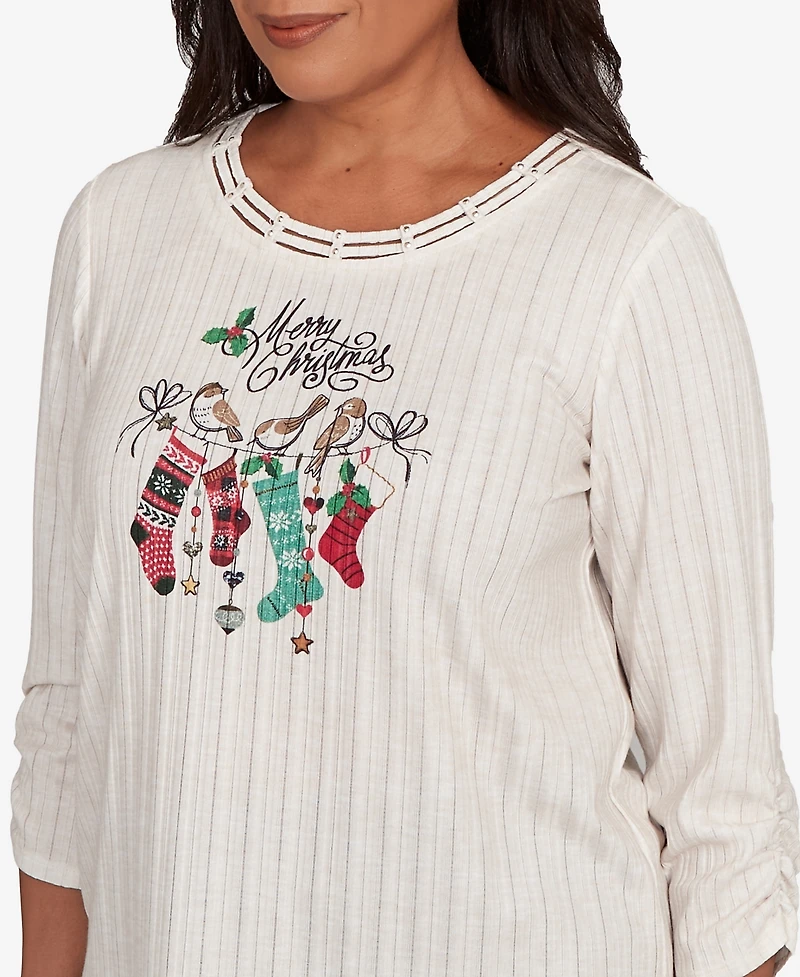 Alfred Dunner Women's Classic Holiday Stockings Print Gathered Sleeve Top