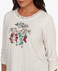 Alfred Dunner Women's Classic Holiday Stockings Print Gathered Sleeve Top