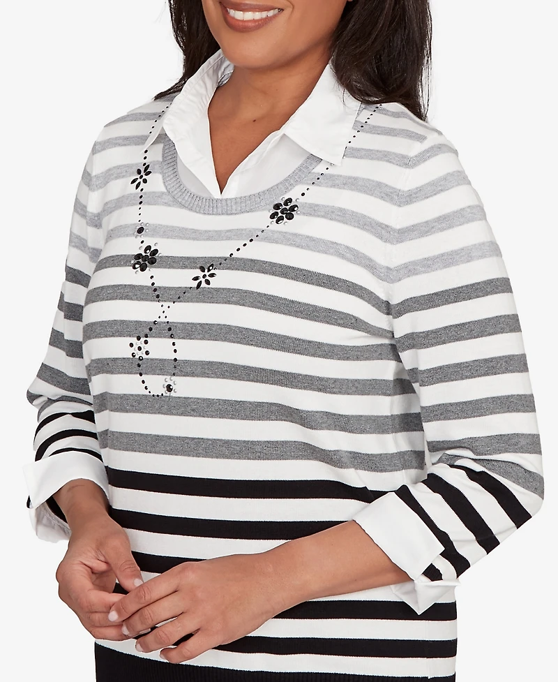 Alfred Dunner Women's Classic Ombre Stripe Two One Sweater