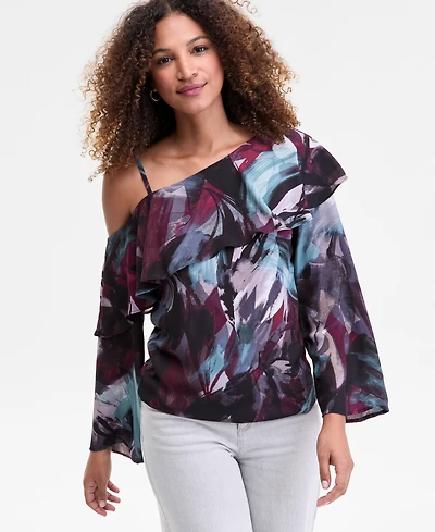 I.n.c. International Concepts Women's Ruffled Asymmetrical-Neck Blouse, Macy's Exclusive