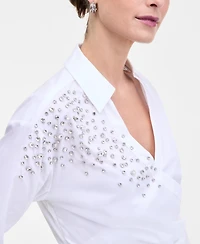 I.n.c. International Concepts Women's Embellished Faux-Wrap Shirt, Macy's Exclusive