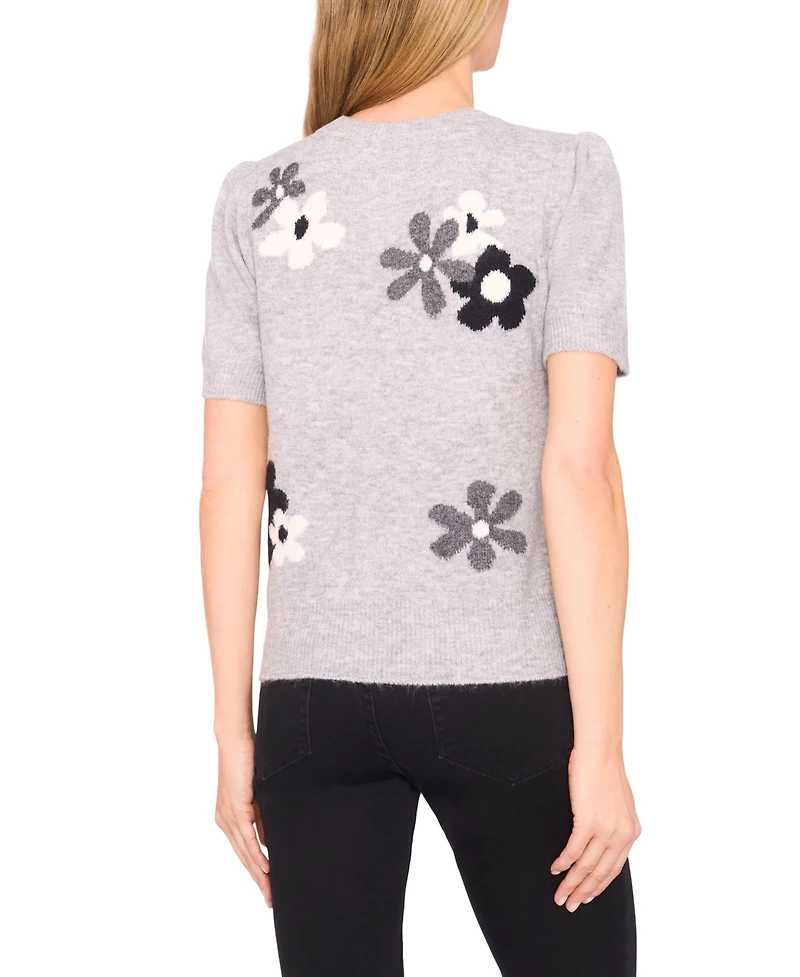 CeCe Women's Crewneck Flower Patterned Knit Short-Sleeve Sweater