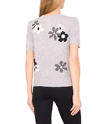 CeCe Women's Crewneck Flower Patterned Knit Short-Sleeve Sweater