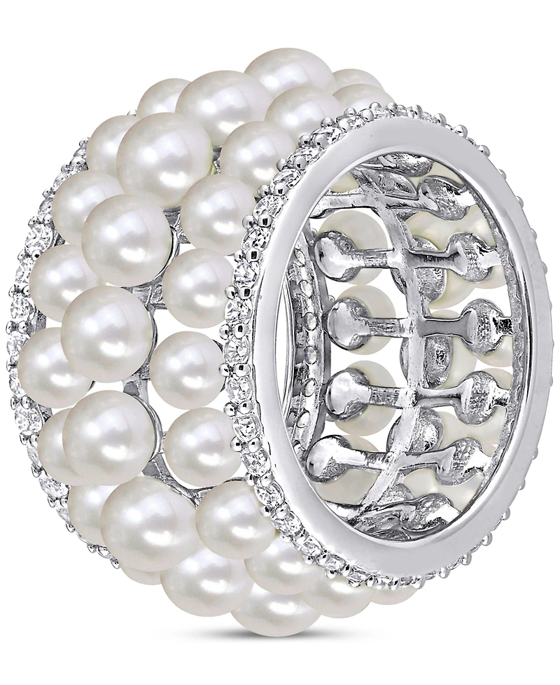 Cultured Freshwater Pearl (3 - 4-1/2mm) & Lab Grown White Sapphire (1-5/8 ct. t.w.) Multirow Ring Sterling Silver