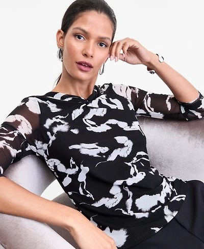 I.n.c. International Concepts Women's Twist-Neck Printed Mesh Top, Macy's Exclusive