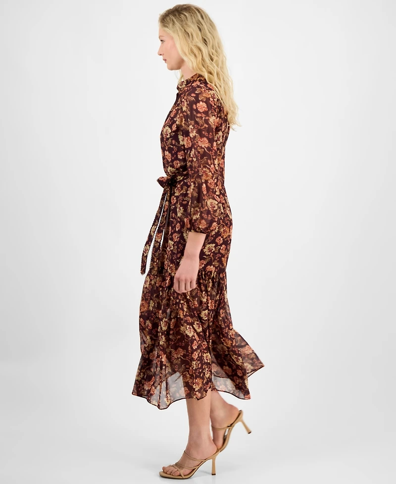 julia jordan Women's Floral Chiffon Tie-Waist 3/4-Sleeve Dress