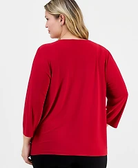 Kasper Plus Size 3/4-Sleeve Pintucked Keyhole Top