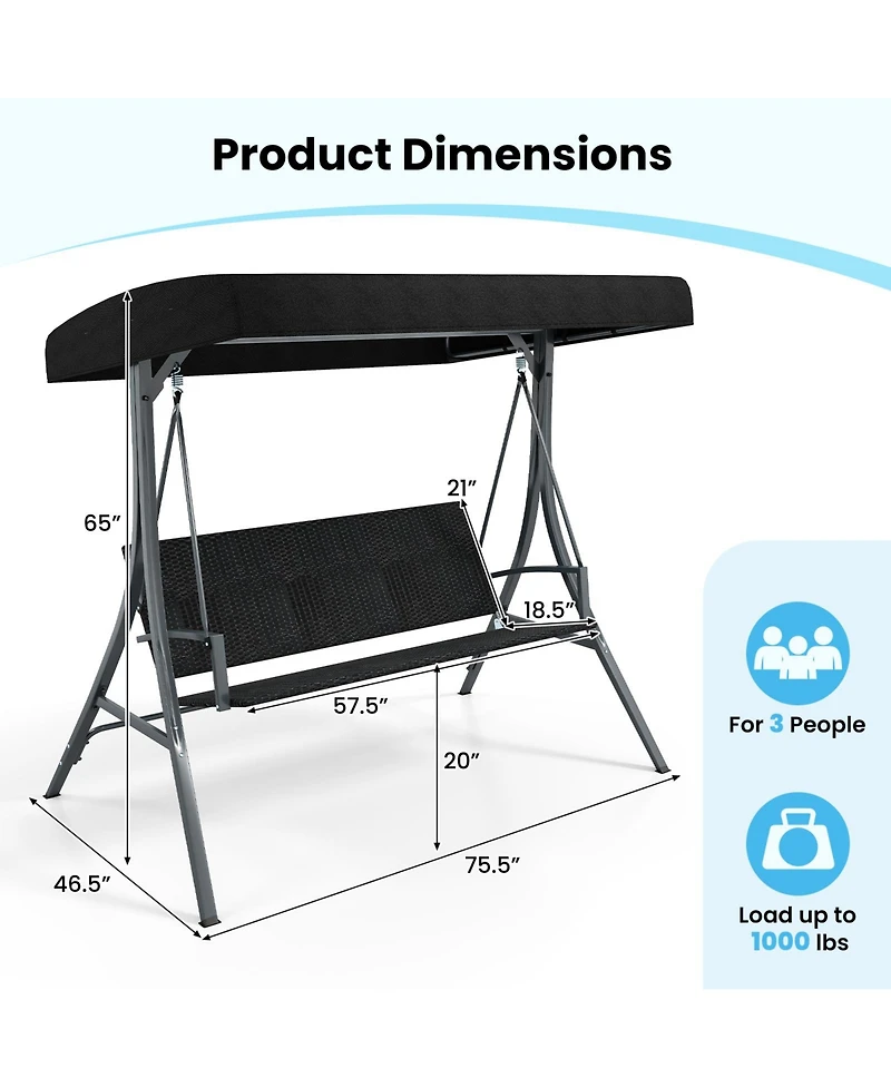 Gymax 3-Person Porch Swing w/ Stand w/ Rattan Seat Back Metal Frame Adjustable Shade