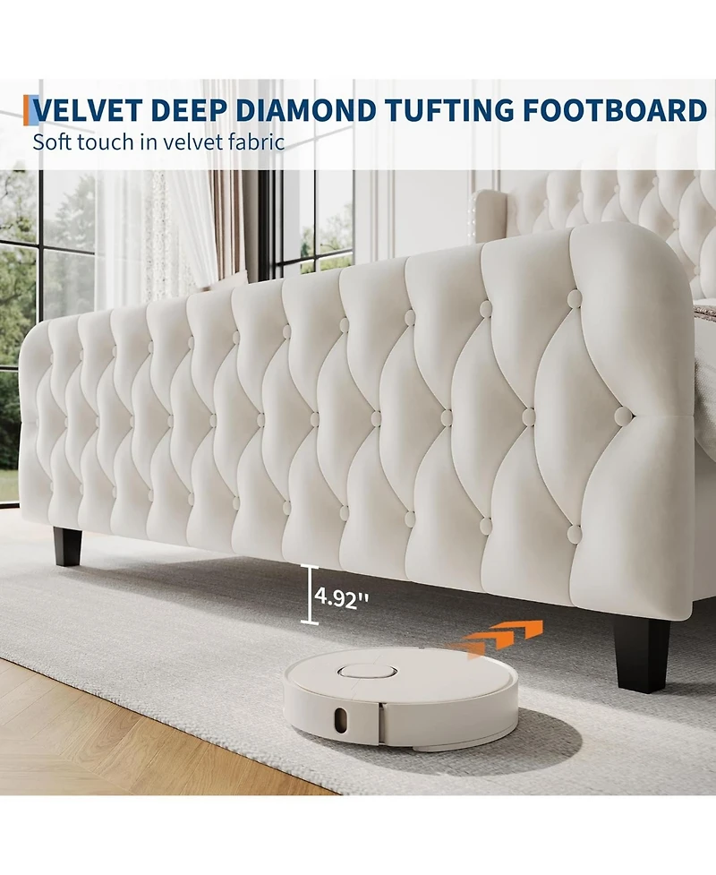 gaomon 51" Tall King Size Velvet Upholstered Platform Bed Frame with Deep Button Tufted Wingback Headboard & Footboard, Cream, No Box Spring, Easy Ass