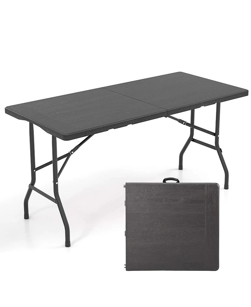 5 ft Folding Picnic Table Outdoor Dining with Rattan Grain Hdpe Tabletop