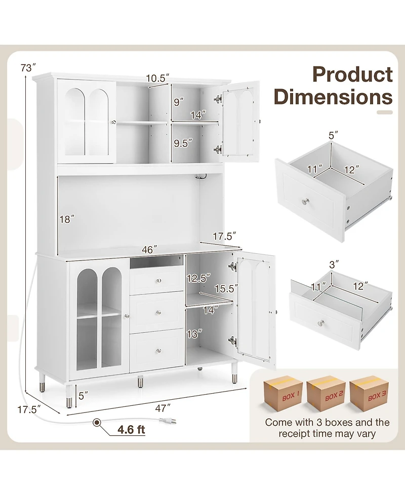 Gymax 73'' Tall Kitchen Pantry Storage Cabinet w/ Led Lights and Power Outlets