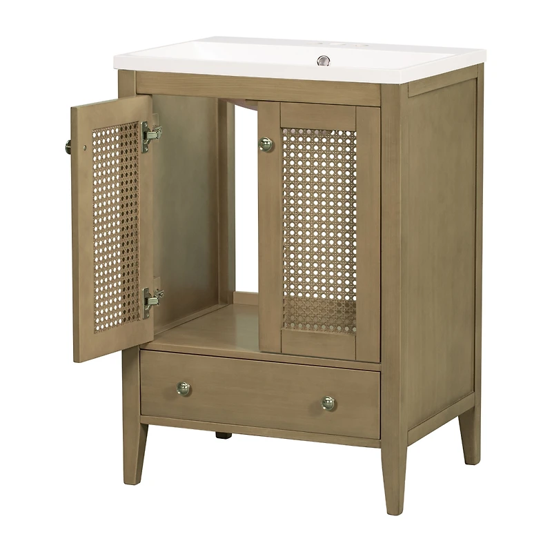 Casainc 24" Bathroom Vanity with Ceramic Basin, Rattan Storage Cabinet with Two Doors and Drawer