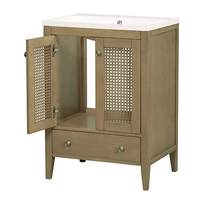 Casainc 24" Bathroom Vanity with Ceramic Basin, Rattan Storage Cabinet with Two Doors and Drawer