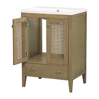Casainc 24" Bathroom Vanity with Ceramic Basin, Rattan Storage Cabinet with Two Doors and Drawer