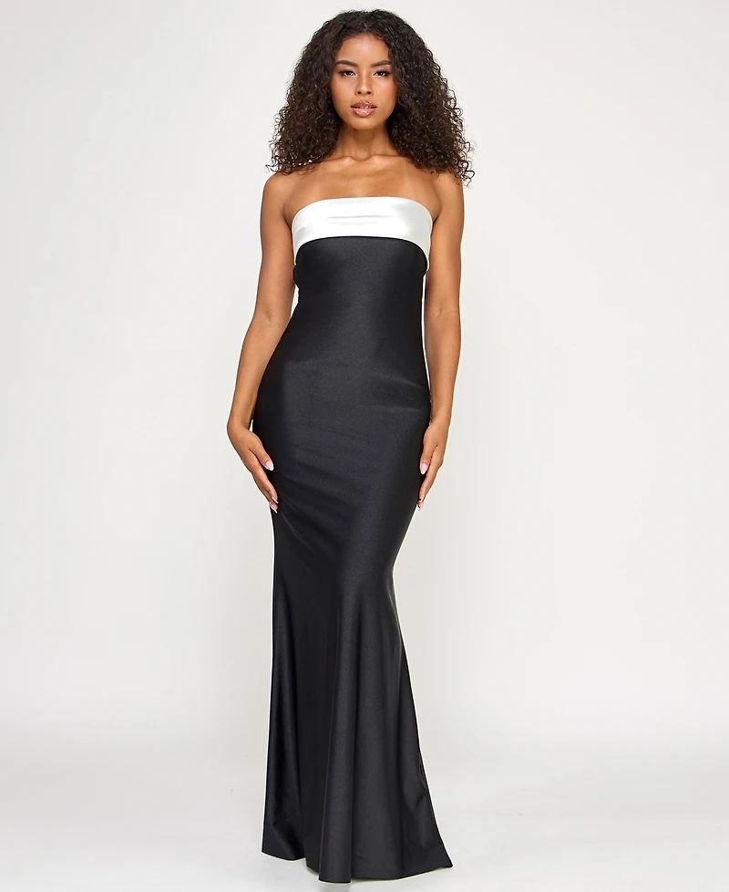 City Studios Juniors' Strapless Tube Overlay Long Slim Knit Gown