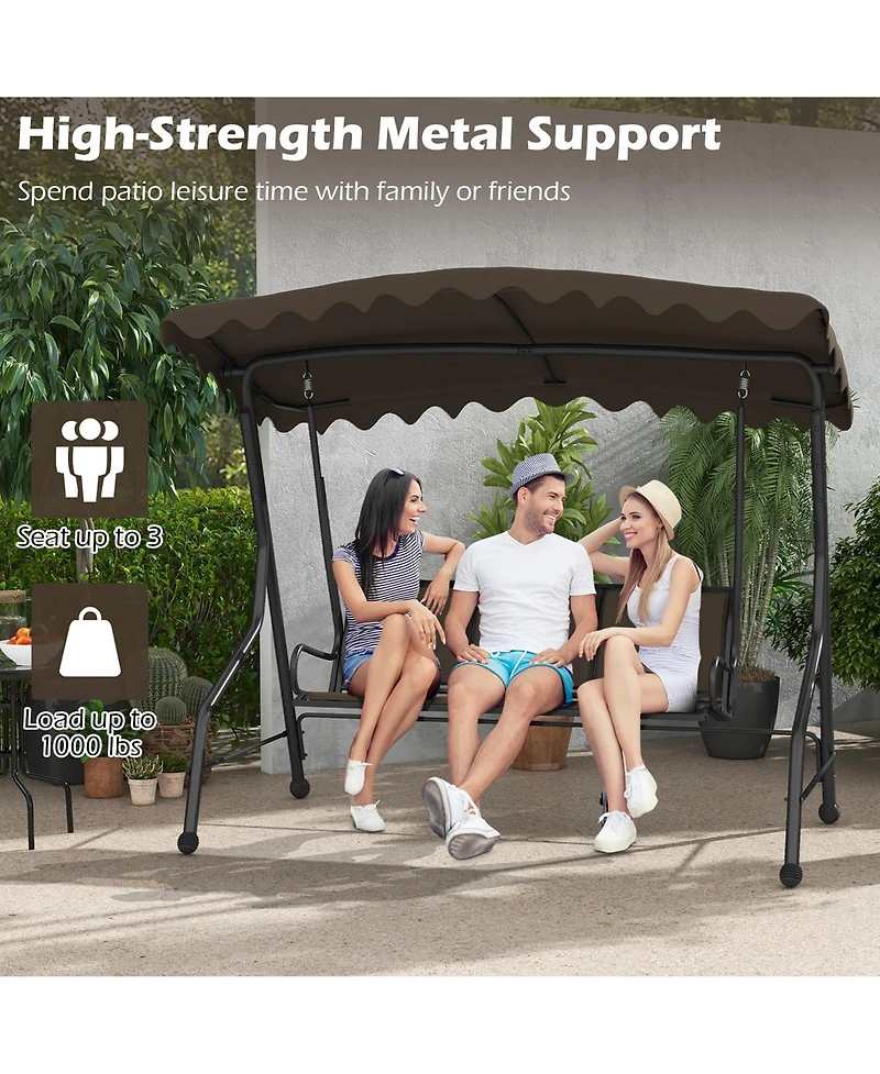 Gymax 3-Seat Outdoor Swing Porch Canopy Swing w/ Adjustable Shading Breathable Seat
