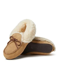 Dearfoams Women's Genuine Suede Fold Over Moccasin House Shoe Slipper