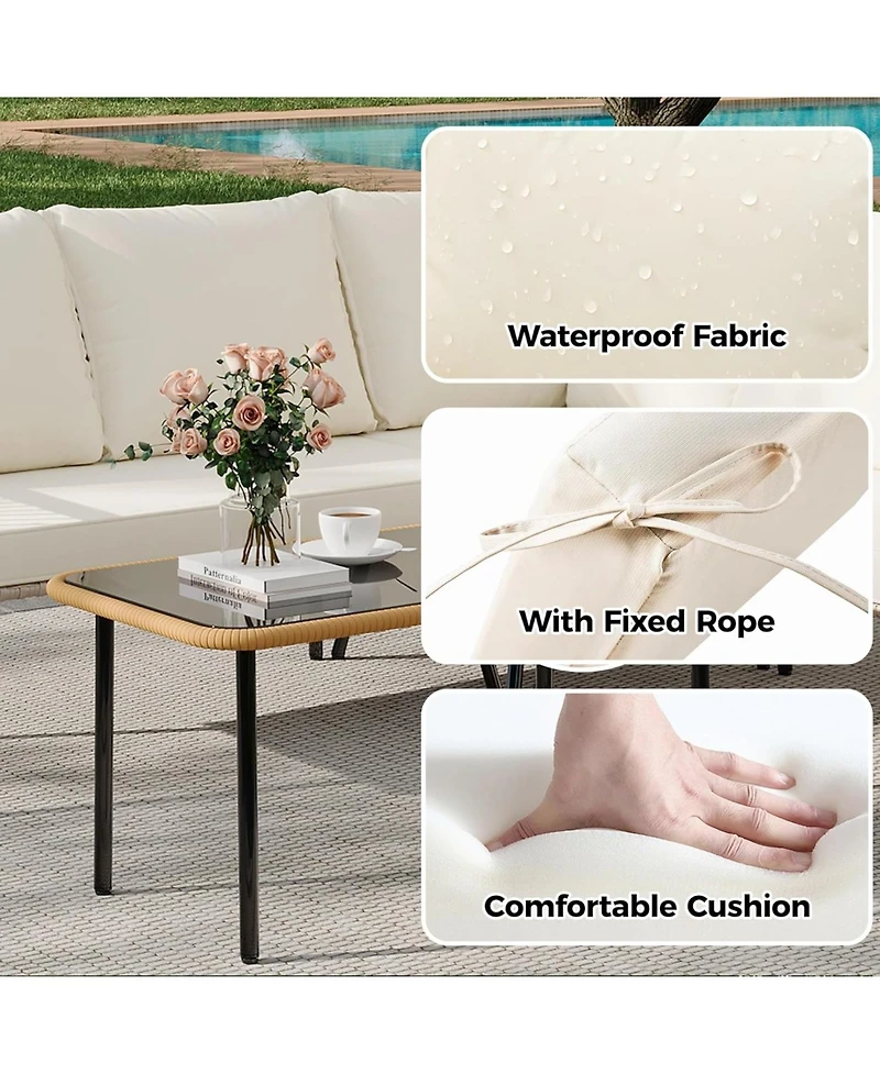 gaomon 4 Pieces Beige Boho Rattan Patio Furniture Set, L-Shaped Sectional with Cushions, Side Table & Chairs for Apartment & Backyard