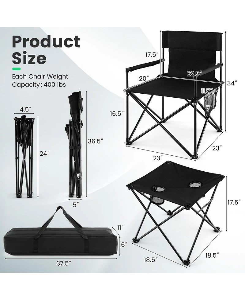Akiudex 3-Piece Folding Camping Chair and Table Set with Storage Bag and Cup Holders