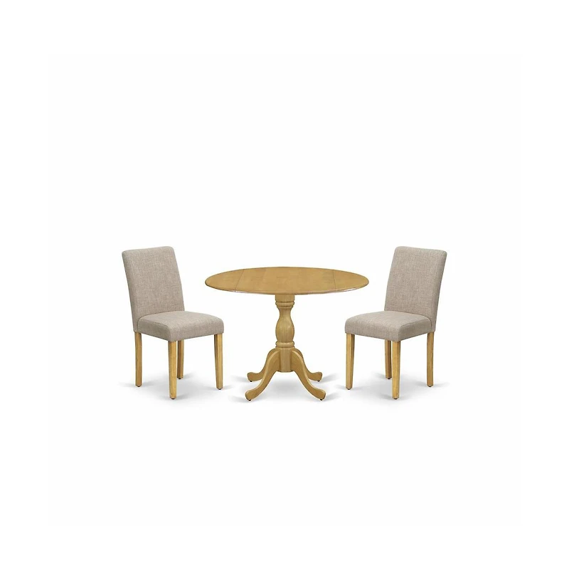 East West Furniture 3 Piece Dining Table Set - Oak Small Dining Table and 2 Light Tan Linen Fabric Modern Dining Chairs with High Back - Oak Finish