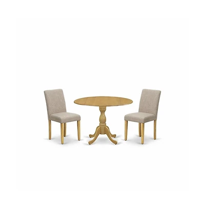 East West Furniture 3 Piece Dining Table Set - Oak Small Dining Table and 2 Light Tan Linen Fabric Modern Dining Chairs with High Back - Oak Finish