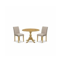 East West Furniture 3 Piece Dining Table Set - Oak Small Dining Table and 2 Light Tan Linen Fabric Modern Dining Chairs with High Back - Oak Finish