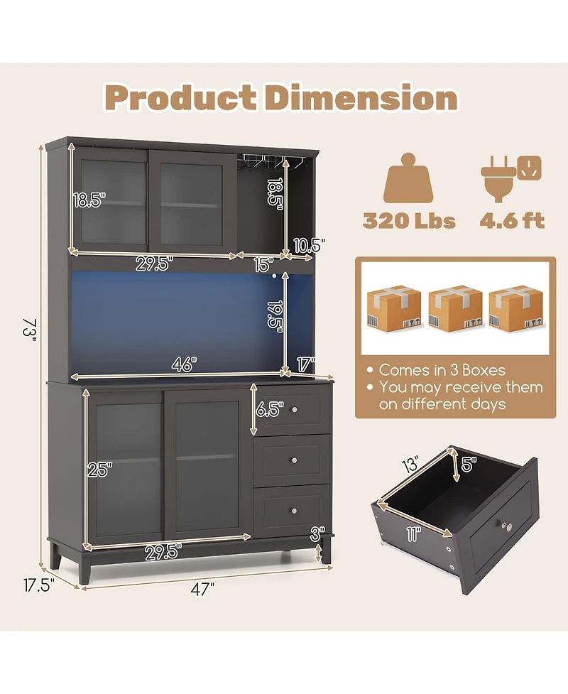 Gymax Kitchen Pantry Storage Cabinet Kitchen Hutch w/ Led lights & Power Outlet Dark