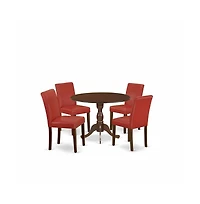 East West Furniture 5 Piece Dining Table Set Contains 1 Drop Leaves Dining Table and 4 Firebrick Red Pu Leather Upholstered Chairs with High Back