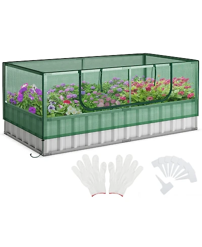 Gymax 69'' x 36'' x 28'' Galvanized Raised Garden Bed w/ Cover Roll-up Window Greenhouse