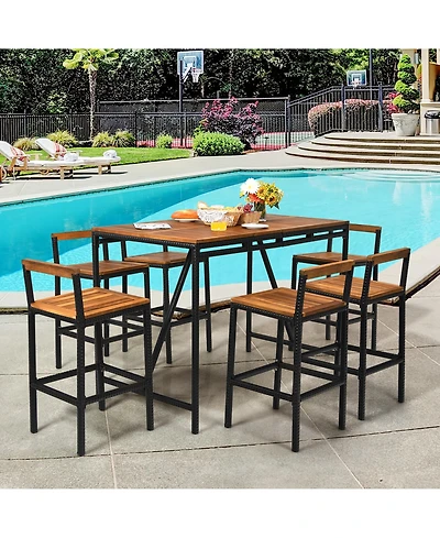 Gymax 7pieces Outdoor Acacia Wood Dining Set Pe Rattan Patio Bar Set with Umbrella Hole