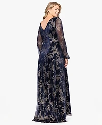 Betsy & Adam Plus Foil Crink Long Sleeve A-Line Dress
