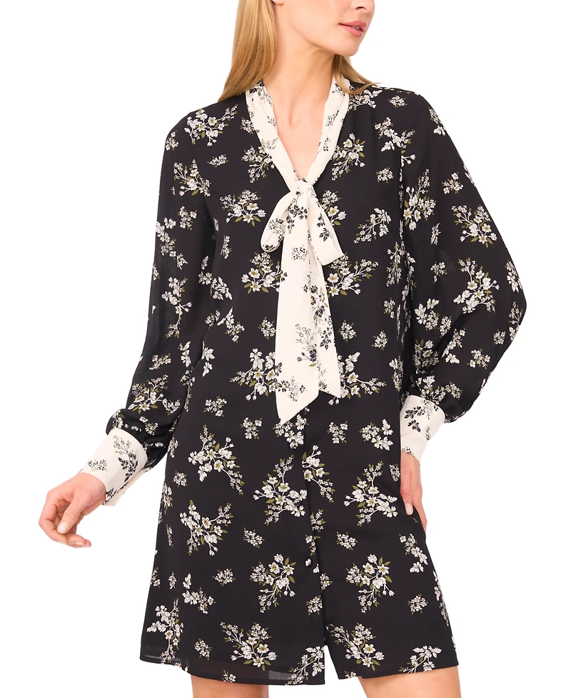 CeCe Women's High Tie Neck Long Sleeve Button Down Dress