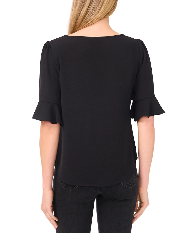 CeCe Women's Split Tie Neck Ruffle Cuff 3/4-Sleeve Top