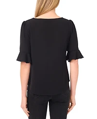 CeCe Women's Split Tie Neck Ruffle Cuff 3/4-Sleeve Top
