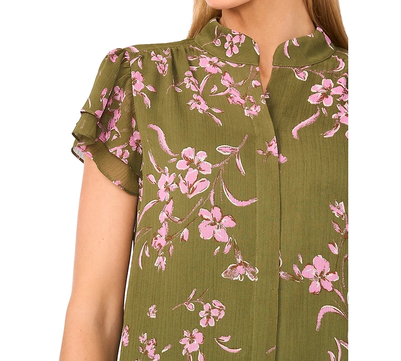 CeCe Women's Double Flutter Short Sleeve Hidden Placket Top