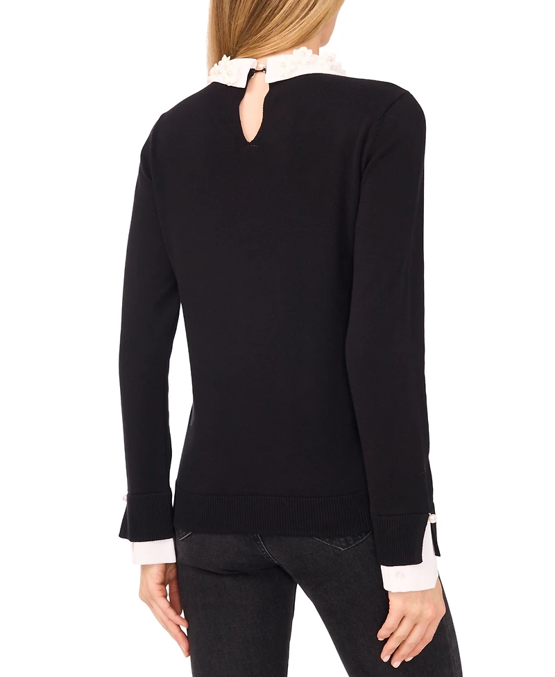CeCe Women's Long Sleeve Woven Collar Neck Pullover Sweater