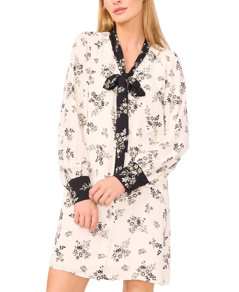 CeCe Women's High Tie Neck Long Sleeve Button Down Dress