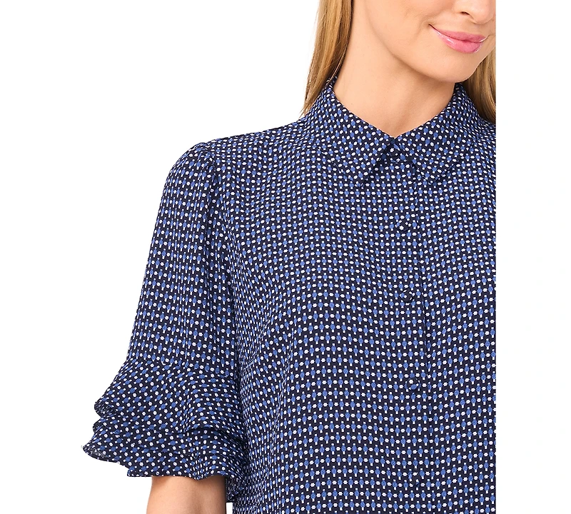 CeCe Women's Button Up Collared Elbow Ruffle Sleeve Top