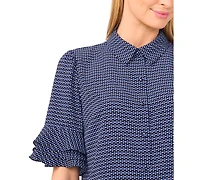 CeCe Women's Button Up Collared Elbow Ruffle Sleeve Top