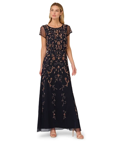 Adrianna Papell Women's Boat-Neck Short-Sleeve Beaded Blouson Gown