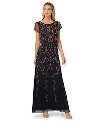 Adrianna Papell Women's Boat-Neck Short-Sleeve Beaded Blouson Gown
