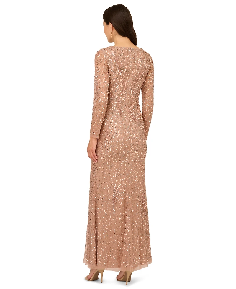 Adrianna Papell Women's Long-Sleeve Beaded Full-Length Gown