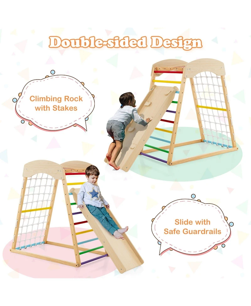 Akiudex 6-in-1 Wooden Indoor Playground with Slide, Climbing Ladder, Rock Wall, and Monkey Bars